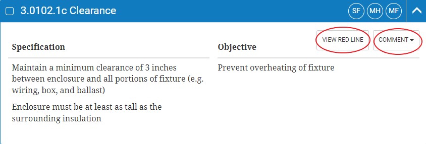 A screenshot of a specification from the SWS website with the View Red Line and Comment buttons highlighted